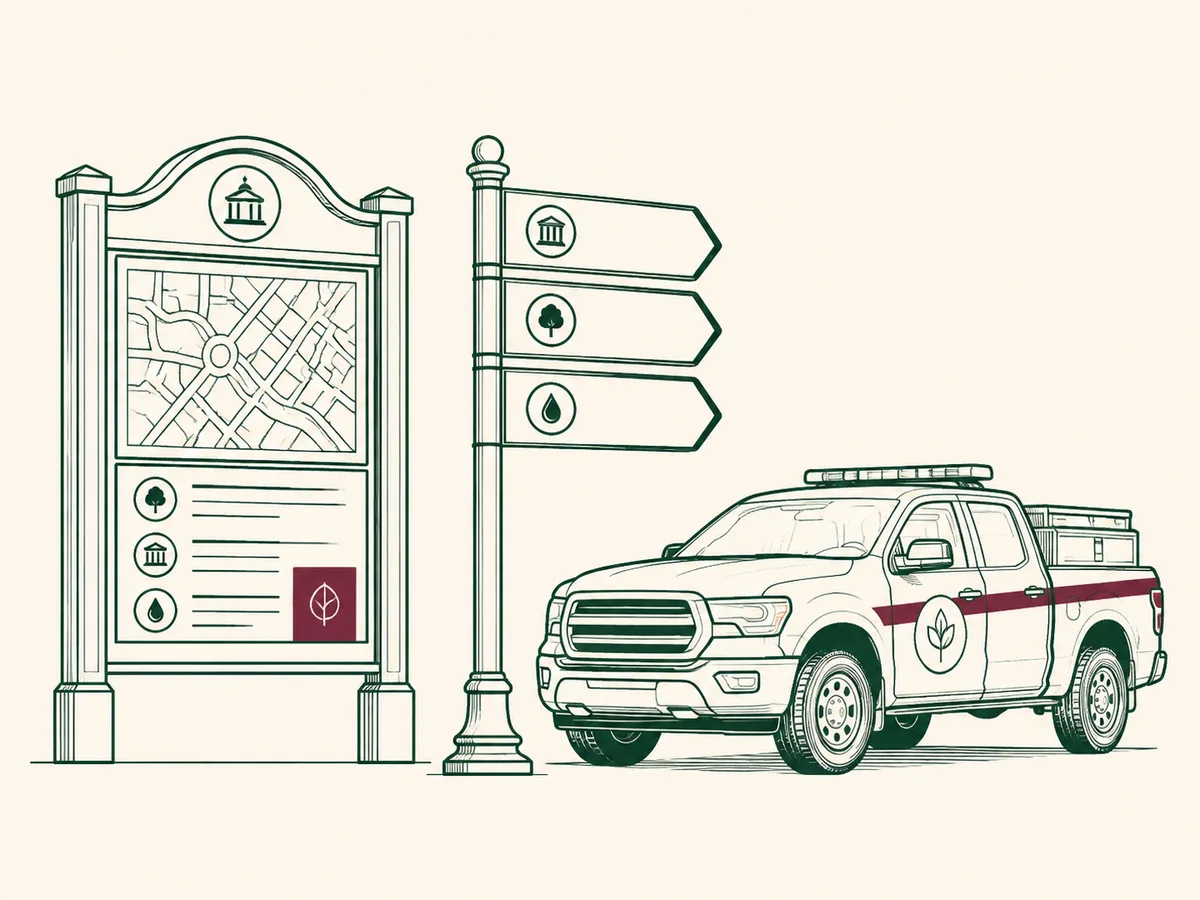 Illustration d’une signalétique publique et d’un véhicule de service
